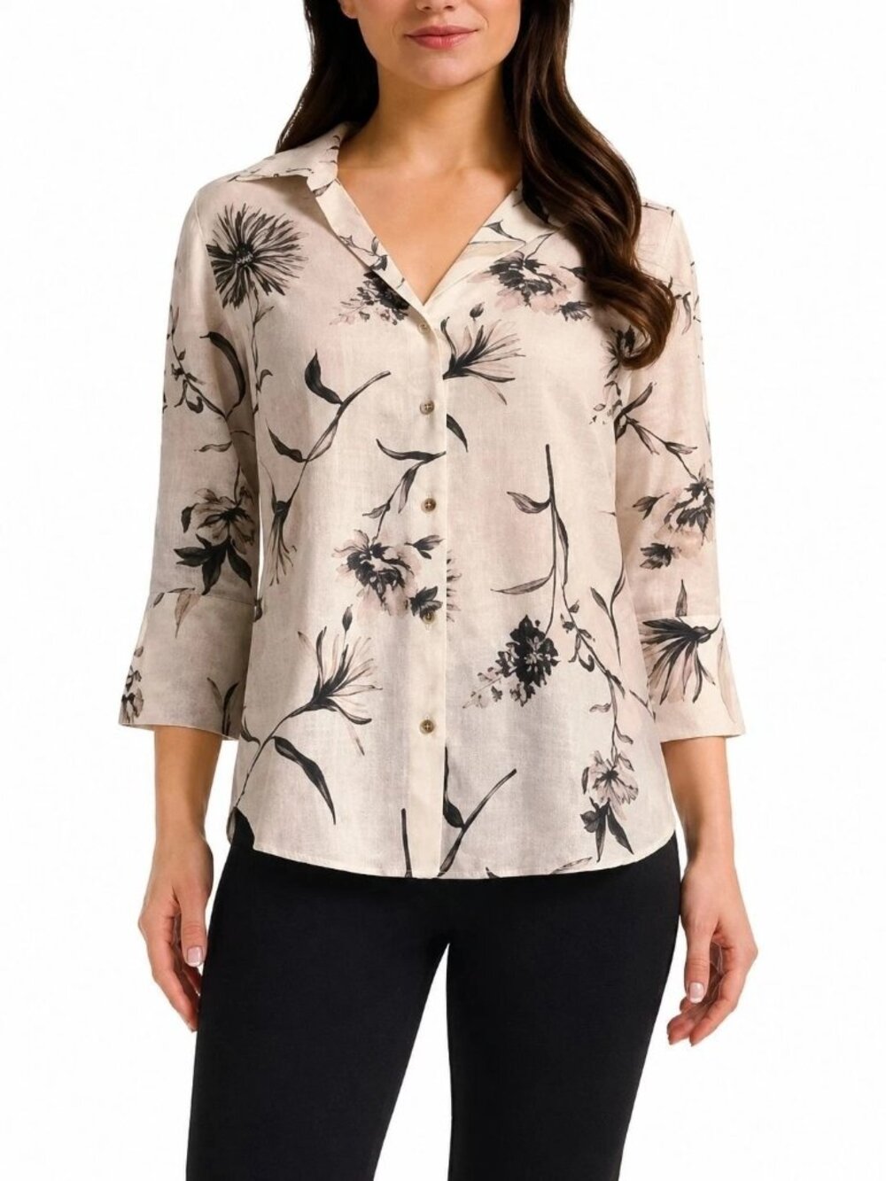 Matty M Womens Floral Button-Down Shirt Natural/Black Size L